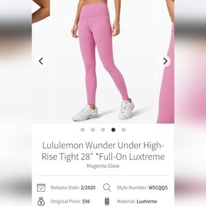 Lululemon Wunder Under High Rise 28" Magenta Glow Size 8